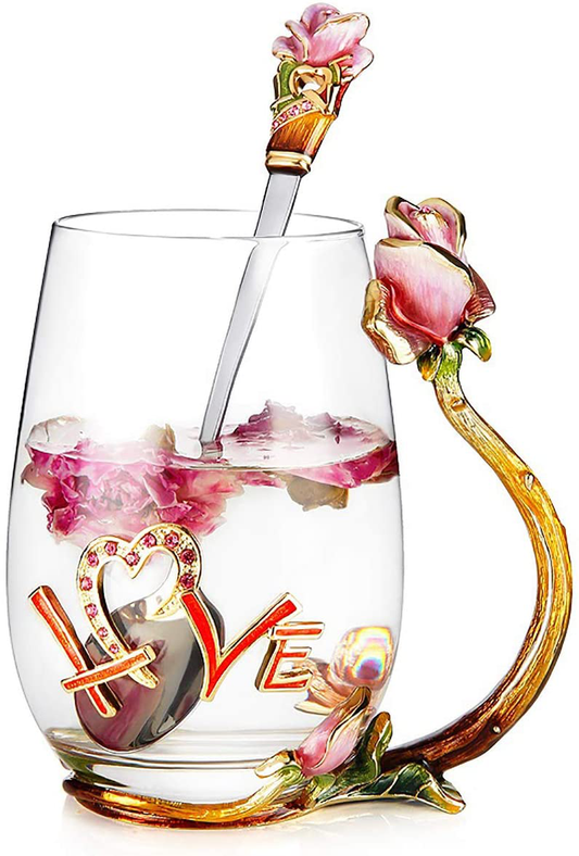 Luka Tech Enamels flower Lead-free Glass Coffee Mugs Tea Cup with Steel Spoon, Best Birthday Gifts For Women Wife Mom Friends Mothers Valentines Day Christmas Arts & Entertainment > Party & Celebration > Gift Giving Luka Tech Pink  