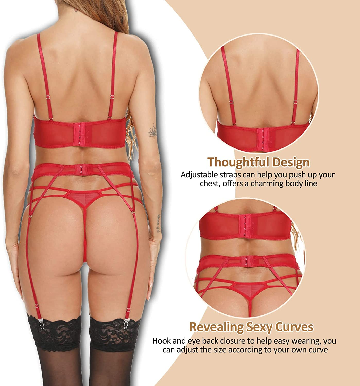 CHEENBOL Lace Lingerie Set with Garter Belt 3 Pieces Lace Teddy Strap Babydoll Bodysuit for Women Apparel & Accessories > Clothing > Underwear & Socks > Lingerie CHEENBOL   
