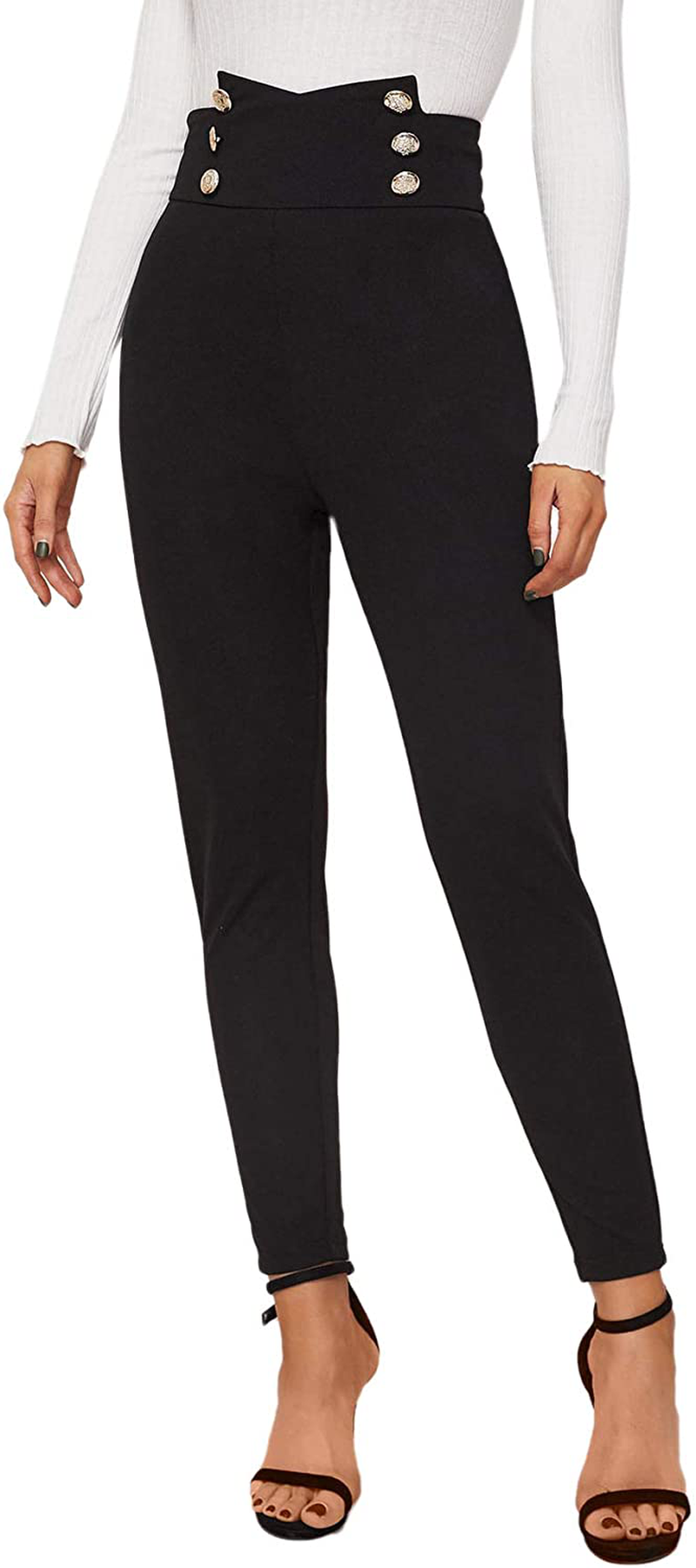 SweatyRocks Women's Casual Skinny Leggings Stretchy High Waisted Work Pants Apparel & Accessories > Clothing > Activewear SweatyRocks High Waisted Button Black Small 