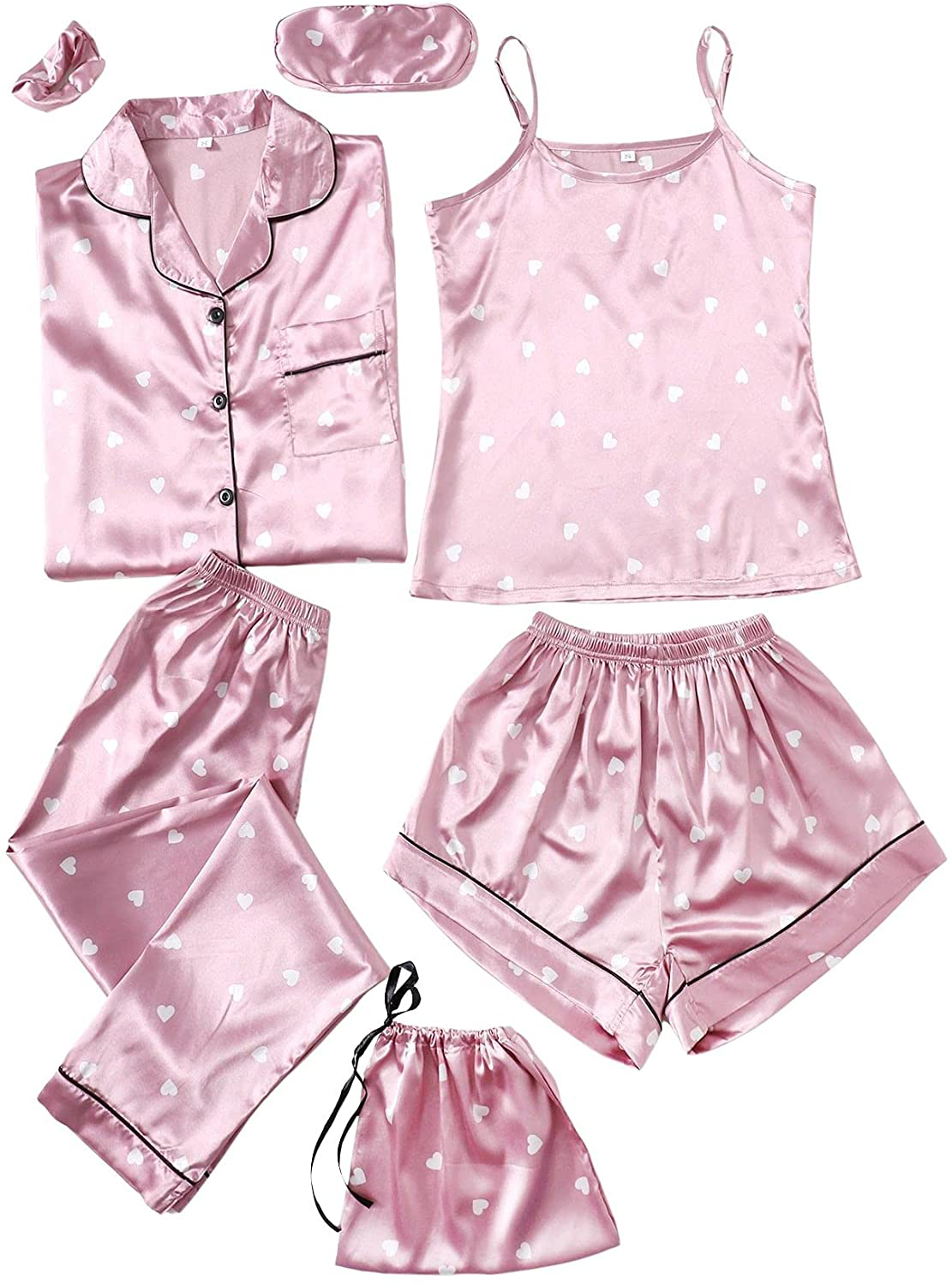 SheIn Women's 7pcs Pajama Set Cami Pjs with Shirt and Eye Mask Apparel & Accessories > Clothing > Sleepwear & Loungewear > Pajamas SheIn Baby Pink Heart Large 