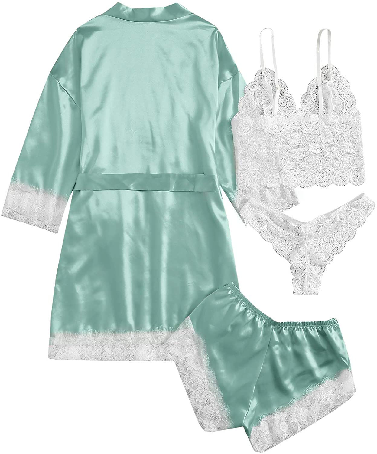 SOLY HUX Women'S Sleepwear 4Pcs Floral Lace Trim Satin Cami Pajama Set with Robe Apparel & Accessories > Clothing > Sleepwear & Loungewear Kylie Max   