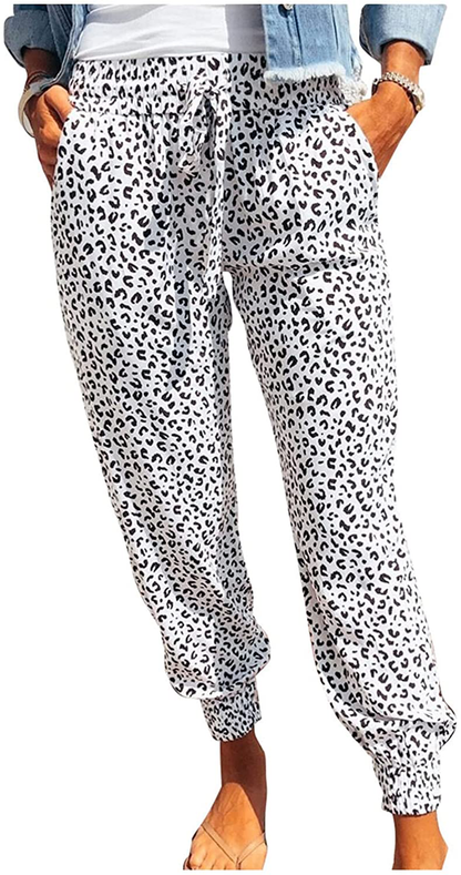 ROSKIKI Womens Leopard Drawstring Elastic Waist Sports Lounge Pants with Pockets Apparel & Accessories > Clothing > Activewear Kylie Max   