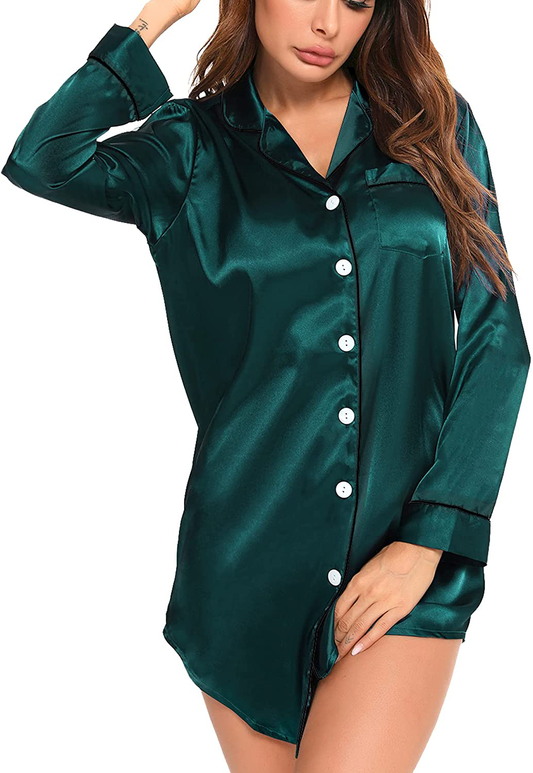 SWOMOG Women'S Satin Sleep Shirt Long Sleeve Sleepwear Silk Nightshirt Button down Pajama Top Apparel & Accessories > Clothing > Sleepwear & Loungewear > Nightgowns Kylie Max   