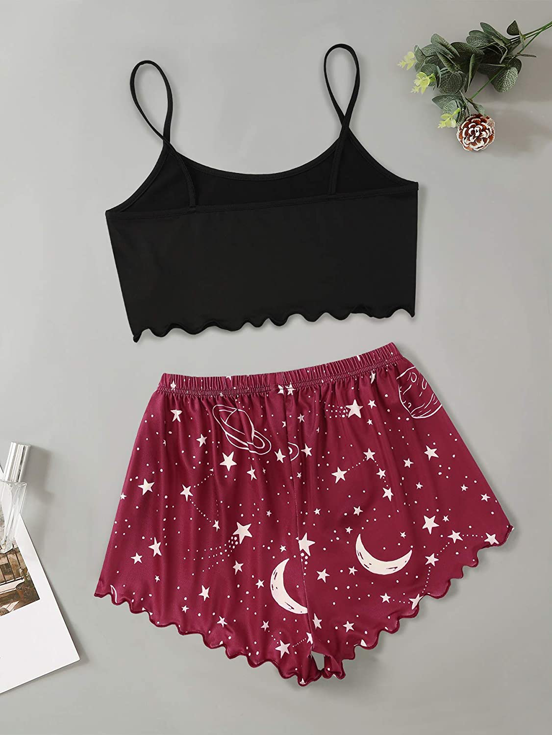 SOLY HUX Women'S Cartoon Print Lettuce Trim Cami Top and Shorts Cute Pajama Set Sleepwear Apparel & Accessories > Clothing > Sleepwear & Loungewear Kylie Max   