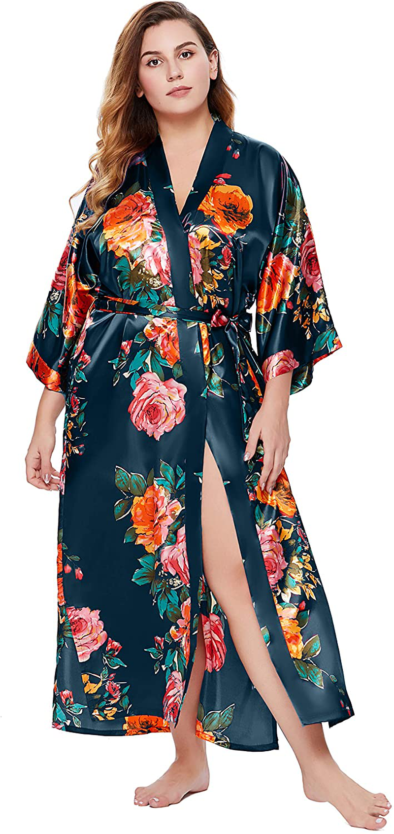 BABEYOND Kimono Robe plus Size Long Floral Satin Robes plus Size Kimono Cover up Loose Cardigan Top Bachelorette Party Robe Apparel & Accessories > Clothing > Sleepwear & Loungewear > Robes KYLIE MAX Dark Green  