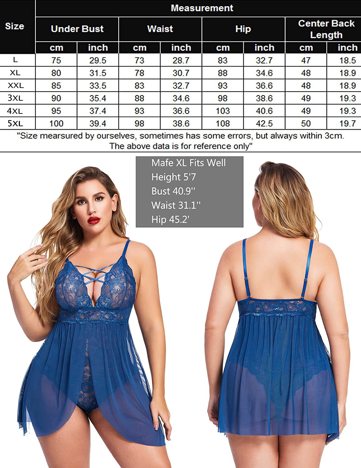 Avidlove plus Size Babydoll Womens Snap Crotch Lingerie V Neck Lace Nighty Mesh Sleepwear L-5XL Apparel & Accessories > Clothing > Underwear & Socks > Lingerie Kylie Max   
