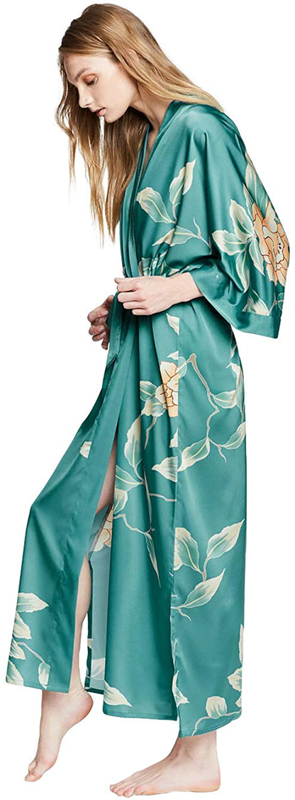 KIM+ONO Women'S Charmeuse Kimono Robe Long - Watercolor Floral Apparel & Accessories > Clothing > Sleepwear & Loungewear > Robes KIM+ONO Aimi - Brittany Blue  