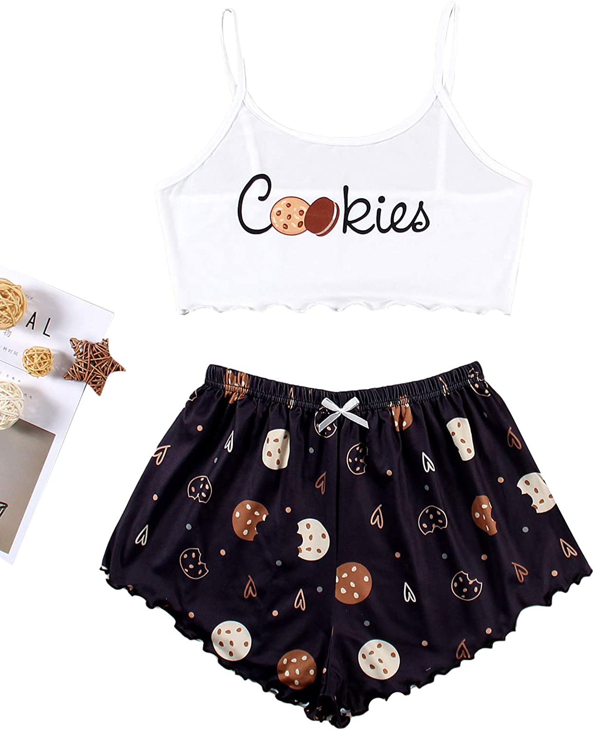 Sweatyrocks Women'S Letter Graphic Lettuce Trim PJ Set Casual Cami and Shorts Set Apparel & Accessories > Clothing > Sleepwear & Loungewear Kylie Max   