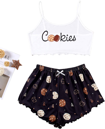 Sweatyrocks Women'S Letter Graphic Lettuce Trim PJ Set Casual Cami and Shorts Set Apparel & Accessories > Clothing > Sleepwear & Loungewear Kylie Max   