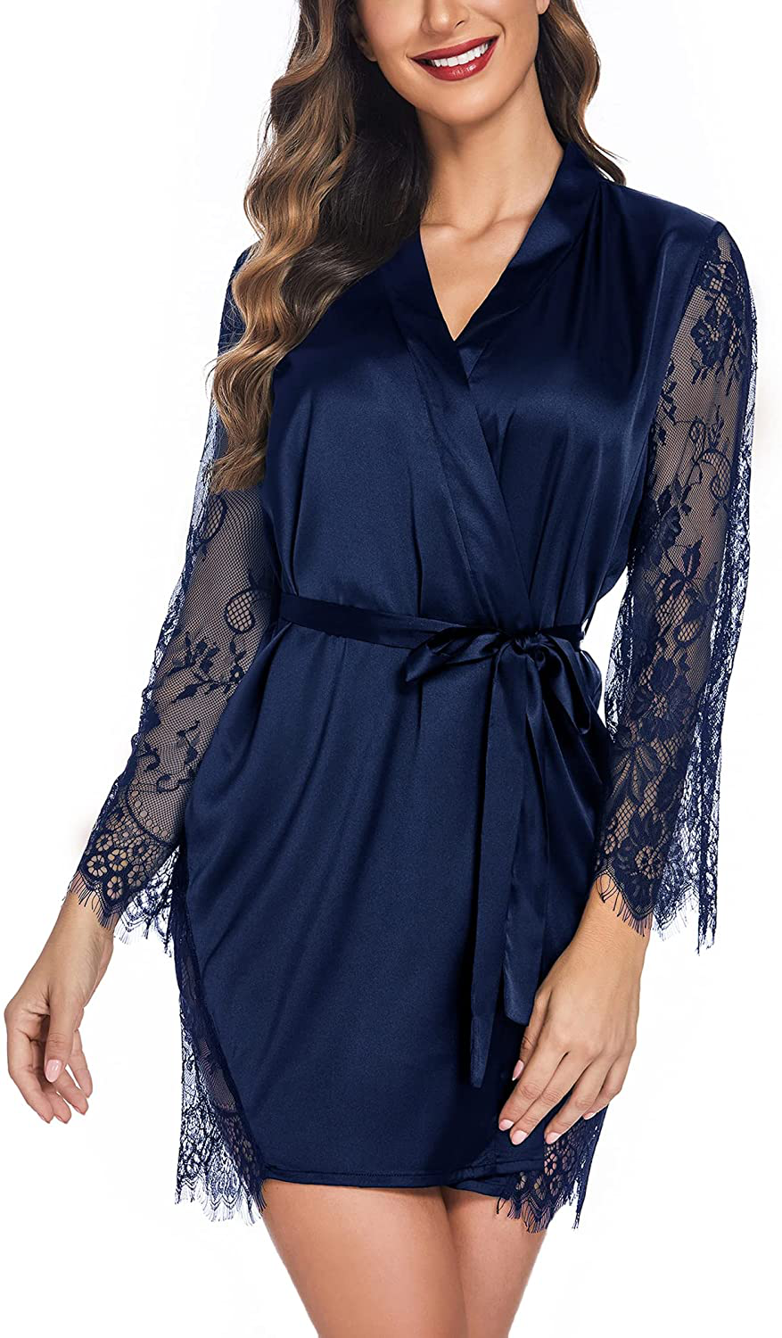 Avidlove Satin Kimono Robes for Women Sexy Silk Nightgowns Lace Sleeve Babydoll Lingerie Set Apparel & Accessories > Clothing > Sleepwear & Loungewear > Robes Avidlove Navy Small 