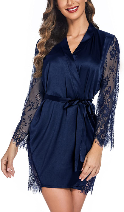 Avidlove Satin Kimono Robes for Women Sexy Silk Nightgowns Lace Sleeve Babydoll Lingerie Set Apparel & Accessories > Clothing > Sleepwear & Loungewear > Robes Avidlove Navy Small 