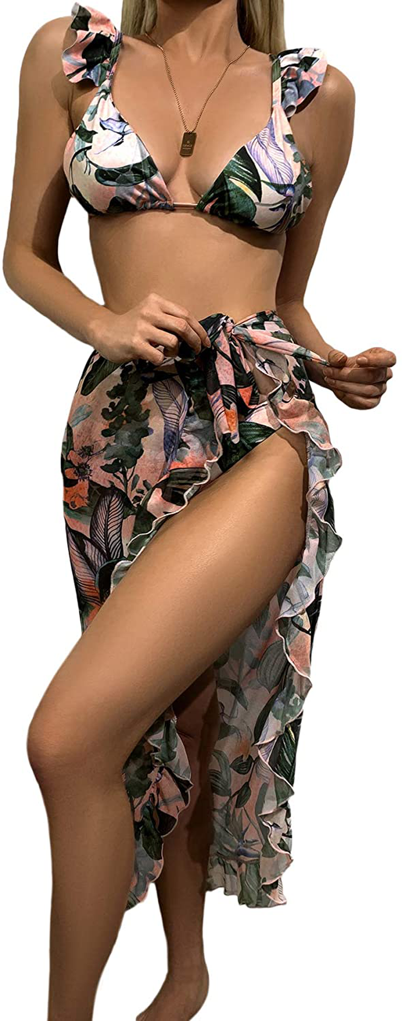 SOLY HUX Women's Wrap Triangle Bikini Bathing Suits with Mesh Beach Skirt 3 Piece Swimsuits Apparel & Accessories > Clothing > Swimwear KYLIE MAX Multicoloured Tropical Print X-Large 