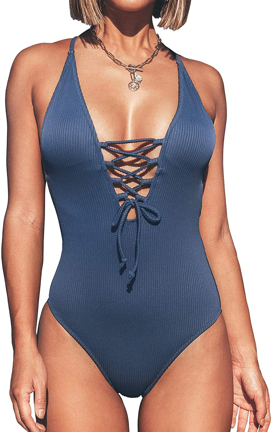 CUPSHE Women's Solid Color V Neck Lace Up One Piece Swimsuit Apparel & Accessories > Clothing > Swimwear CUPSHE Blue XX-Large 
