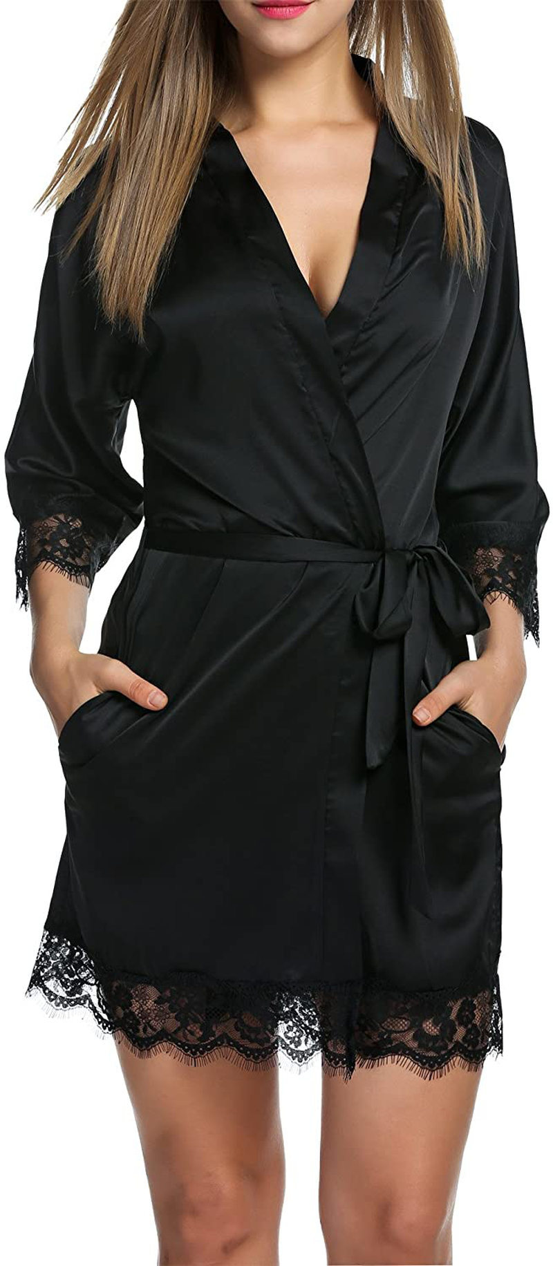 Hotouch Satin Rrobes for Women Silk Bathrobe Short Kimono Robes with Oblique V-Neck Bridesmaid Wedding Party Dressing Gown Apparel & Accessories > Clothing > Sleepwear & Loungewear > Robes Hotouch   