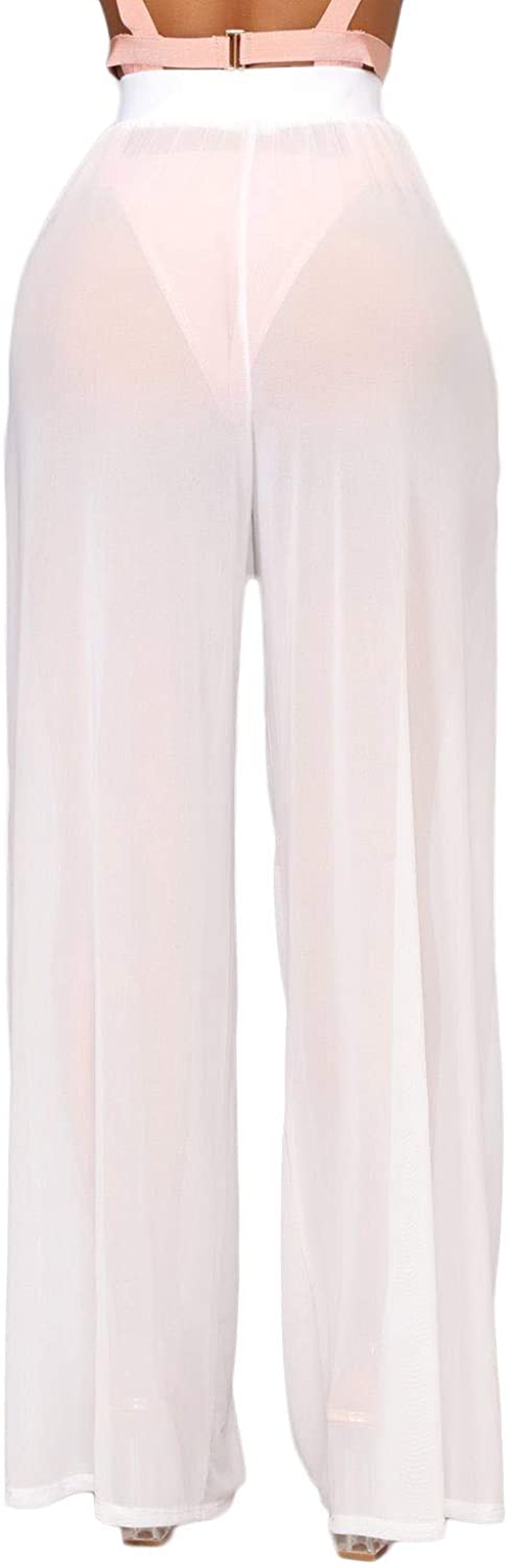 Awoscut Women See through Sheer Mesh Pants Beach Swimsuit Bikini Bottom Cover up Party Club Elastic High Waist Wide Leg Pants Apparel & Accessories > Clothing > Swimwear Kylie Max   