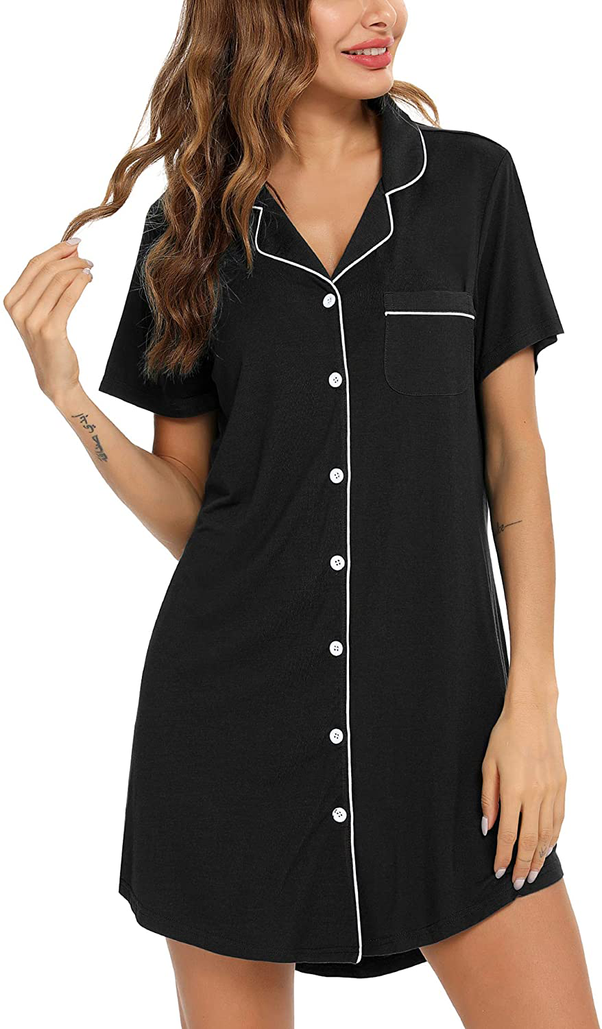 Samring Nightgown for Women Sleep Shirt Short Long Sleeve Sleepwear Boyfriend Nightshirt Button down Pajama Dress S-XXL Apparel & Accessories > Clothing > Sleepwear & Loungewear > Nightgowns Kylie Max   
