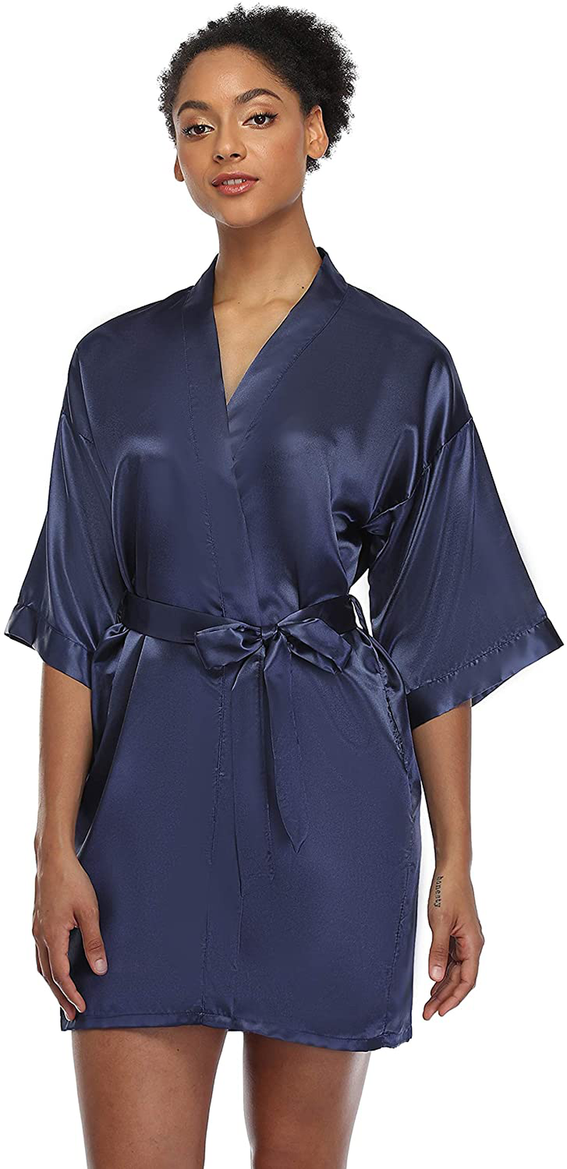SUGAR JAN Women'S Short Satin Kimono Robes for Bride and Bridesmaids Silky Pure Color Bathrobe with Pockets Apparel & Accessories > Clothing > Sleepwear & Loungewear > Robes SUGAR JAN   