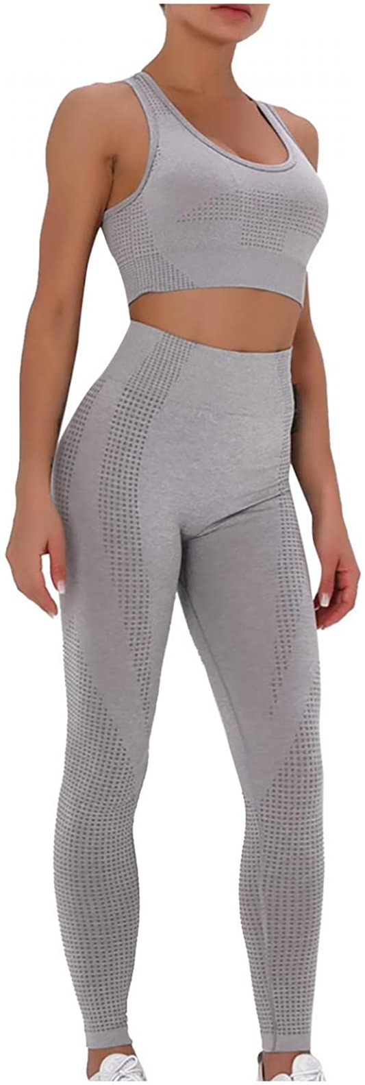 Burband Womens Ribbed Seamless Yoga Outfits 2 Piece Tracksuits Sports Bra Seamless Leggings Yoga Gym Workout Set Activewear Apparel & Accessories > Clothing > Underwear & Socks > Shapewear Burband Gray Small 
