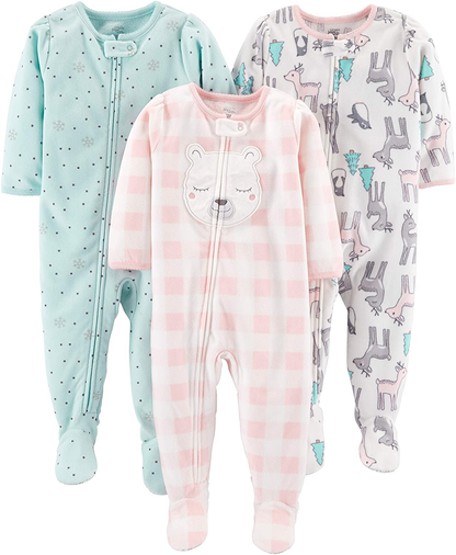 Simple Joys by Carter'S Toddler and Baby Girls' Loose Fit Fleece Footed Pajamas, Pack of 3 Apparel & Accessories > Clothing > Underwear & Socks > Lingerie Simple Joys by Carter's Pink/Teal Blue, Bear/Snowflake 24 Months 