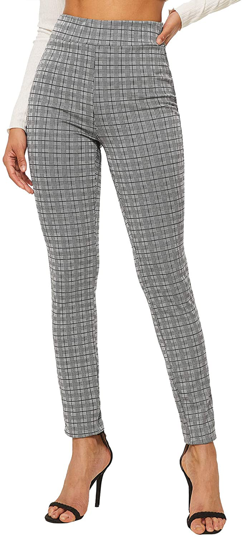 SweatyRocks Women's Casual Skinny Leggings Stretchy High Waisted Work Pants Apparel & Accessories > Clothing > Activewear SweatyRocks Plaid Grey Large 