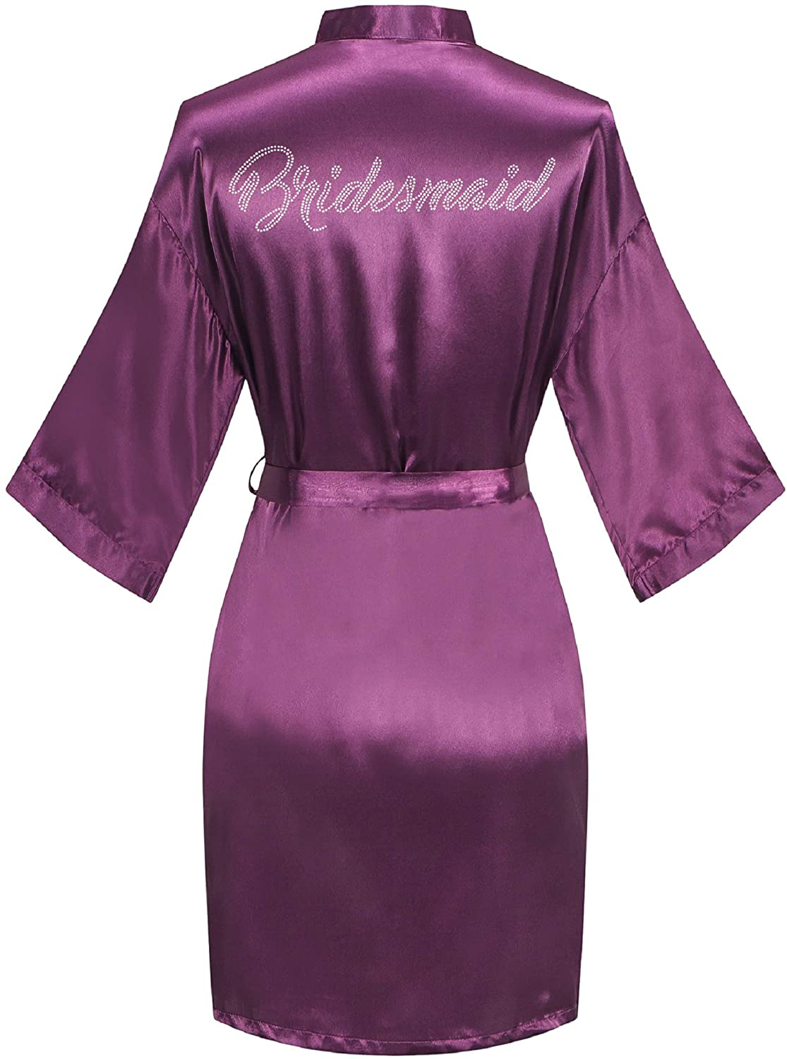 Sunshinemall Women'S Satin Kimono Robes with Rhinestones Bride Bridesmaid Short Sleepwear Wedding Dressing Gown Apparel & Accessories > Clothing > Sleepwear & Loungewear > Robes sunshinemall Bridesmaid-purple Large-X-Large 