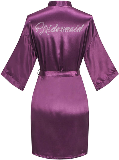 Sunshinemall Women'S Satin Kimono Robes with Rhinestones Bride Bridesmaid Short Sleepwear Wedding Dressing Gown Apparel & Accessories > Clothing > Sleepwear & Loungewear > Robes sunshinemall Bridesmaid-purple Large-X-Large 