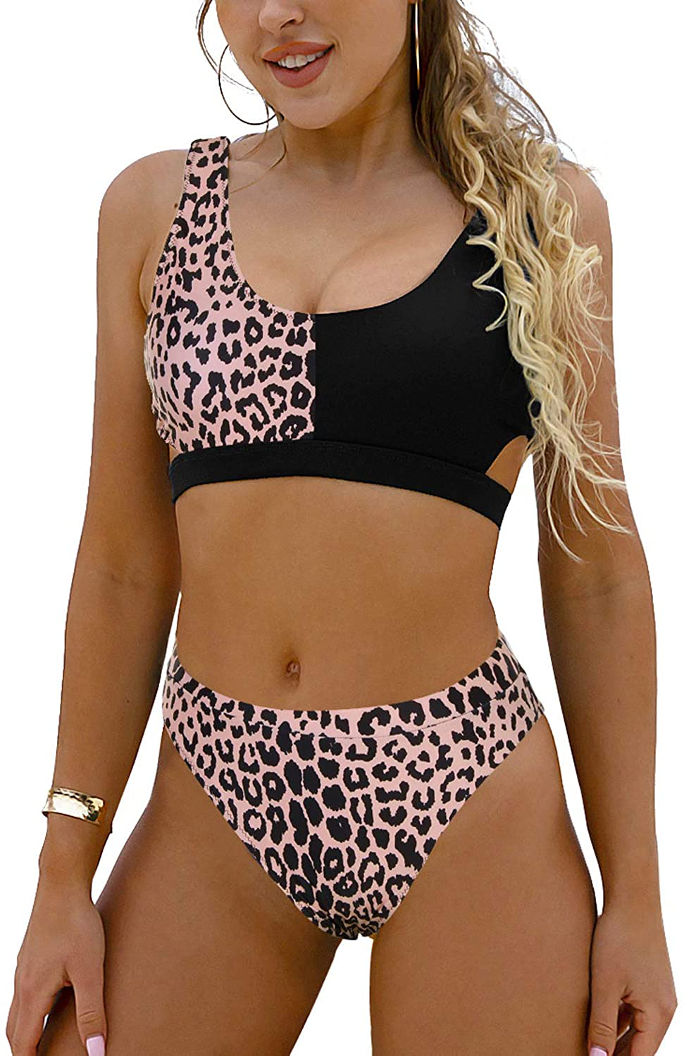 Blooming Jelly Women's High Waisted Swimsuit Crop Top Cut Out Two Piece Cheeky High Rise Bathing Suit Bikini Apparel & Accessories > Clothing > Swimwear Blooming Jelly Patchwork Top & Leopard Bottoms Small 