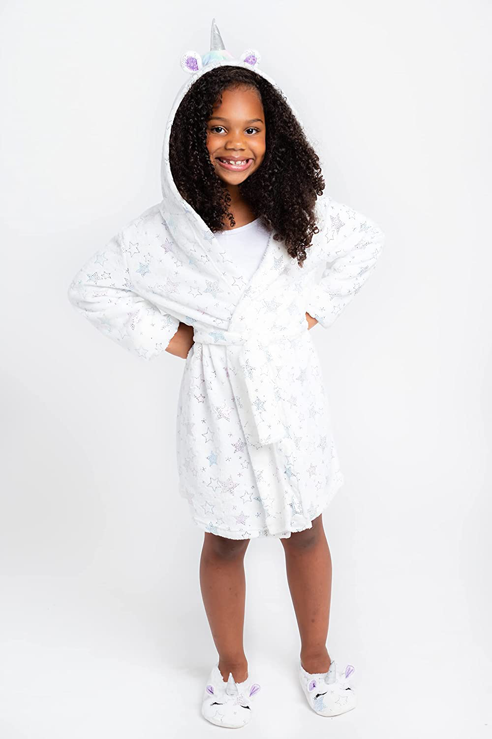 Hooded Terry Robe with Slippers Set for Girls, Unicorn Heart Plush Fleece Robe and Matching Slip-Ons Apparel & Accessories > Clothing > Sleepwear & Loungewear > Robes Kylie Max   