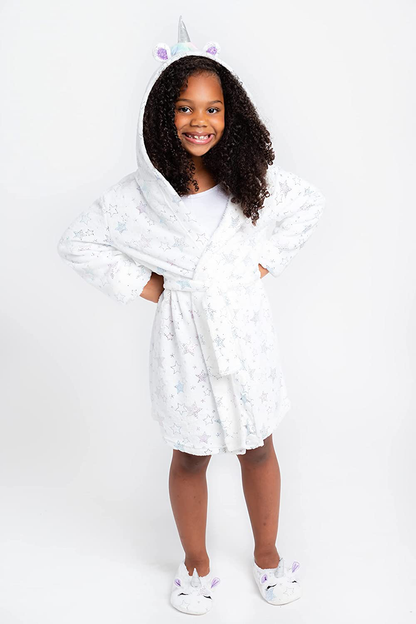 Hooded Terry Robe with Slippers Set for Girls, Unicorn Heart Plush Fleece Robe and Matching Slip-Ons Apparel & Accessories > Clothing > Sleepwear & Loungewear > Robes Kylie Max   