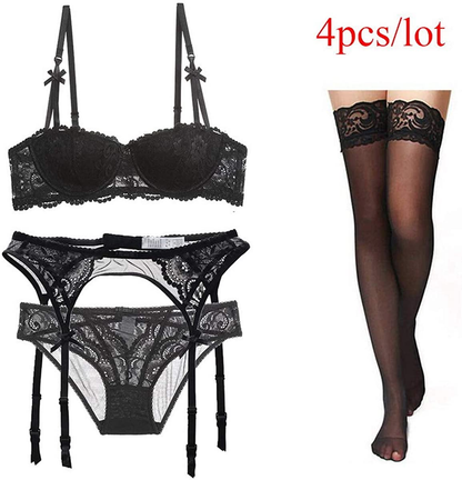 Women Push up Embroidery Bras Set Lace Lingerie Bra and Panty & Garter Belt Suspender & Thigh High Stocking Socks 4 Piece/Set Apparel & Accessories > Clothing > Underwear & Socks > Lingerie Bluewhalebaby   