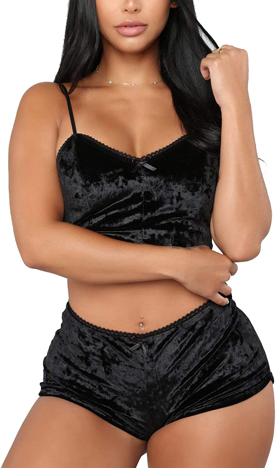 Springcmy Women'S Velvet 2PCS Outfits Spaghetti Strap Crop Top and Shorts Pajama Sets Pjs Lounge Wear Apparel & Accessories > Clothing > Sleepwear & Loungewear Kylie Max   