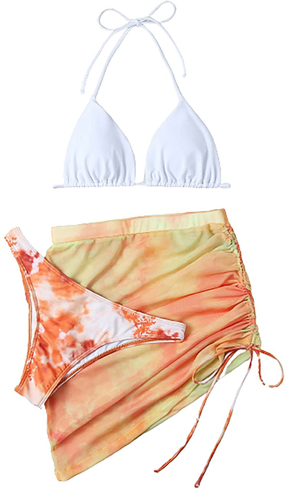 SOLY HUX Women's Wrap Triangle Bikini Bathing Suits with Mesh Beach Skirt 3 Piece Swimsuits Apparel & Accessories > Clothing > Swimwear KYLIE MAX Orange and White Medium 