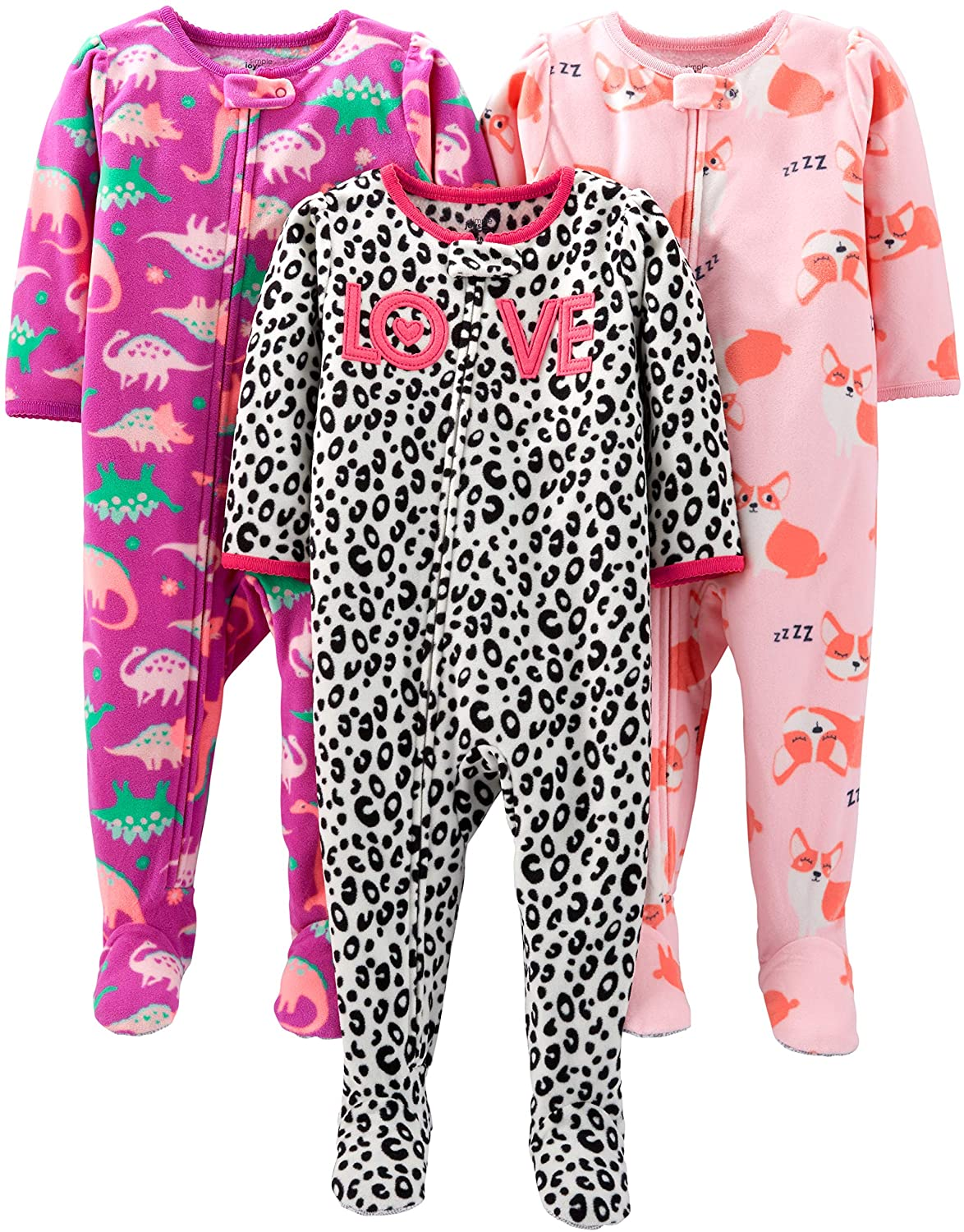 Simple Joys by Carter'S Toddler and Baby Girls' Loose Fit Fleece Footed Pajamas, Pack of 3 Apparel & Accessories > Clothing > Underwear & Socks > Lingerie Simple Joys by Carter's Fox/Dinosaur/Leopard Print 12 Months 