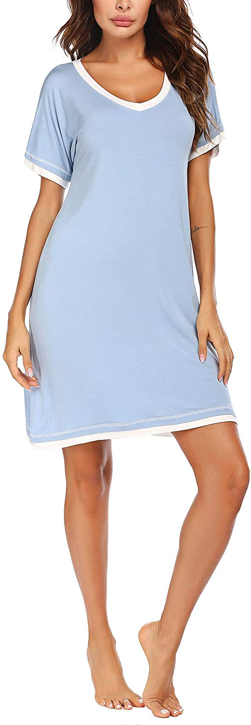 Ekouaer Nightgowns for Womens Short Sleeve Nightdress V Neck Nightshirt Comfy Sleep Shirt S-XXL Apparel & Accessories > Clothing > Sleepwear & Loungewear > Nightgowns Kylie Max   