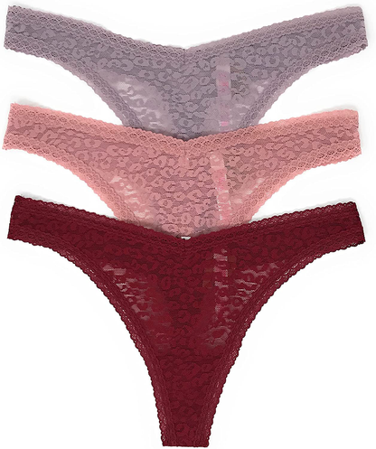 Victoria's Secret PINK Thong Panty Set of 3 Apparel & Accessories > Clothing > Underwear & Socks > Underwear Victoria's Secret Leo Lace Mauve / Damsel Pink / Cranberry Small 
