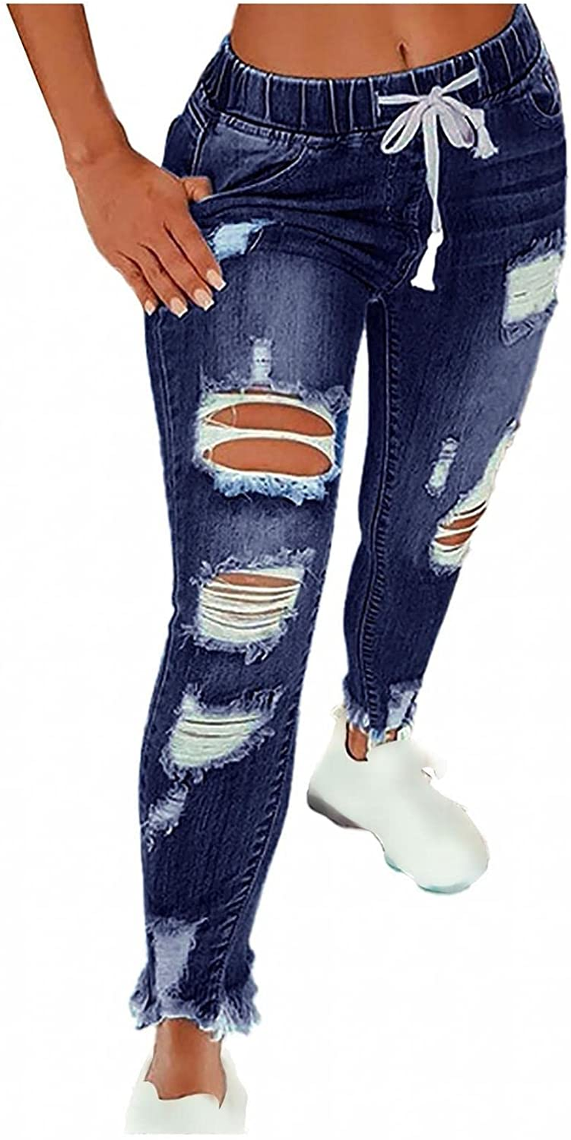 Burband Womens Drawstring Elastic Waistband Pull-On Distressed Denim Joggers Denim Jeans Sweatpants Skinny Ripped Jeggings Apparel & Accessories > Clothing > Underwear & Socks > Shapewear Burband Navy Small 