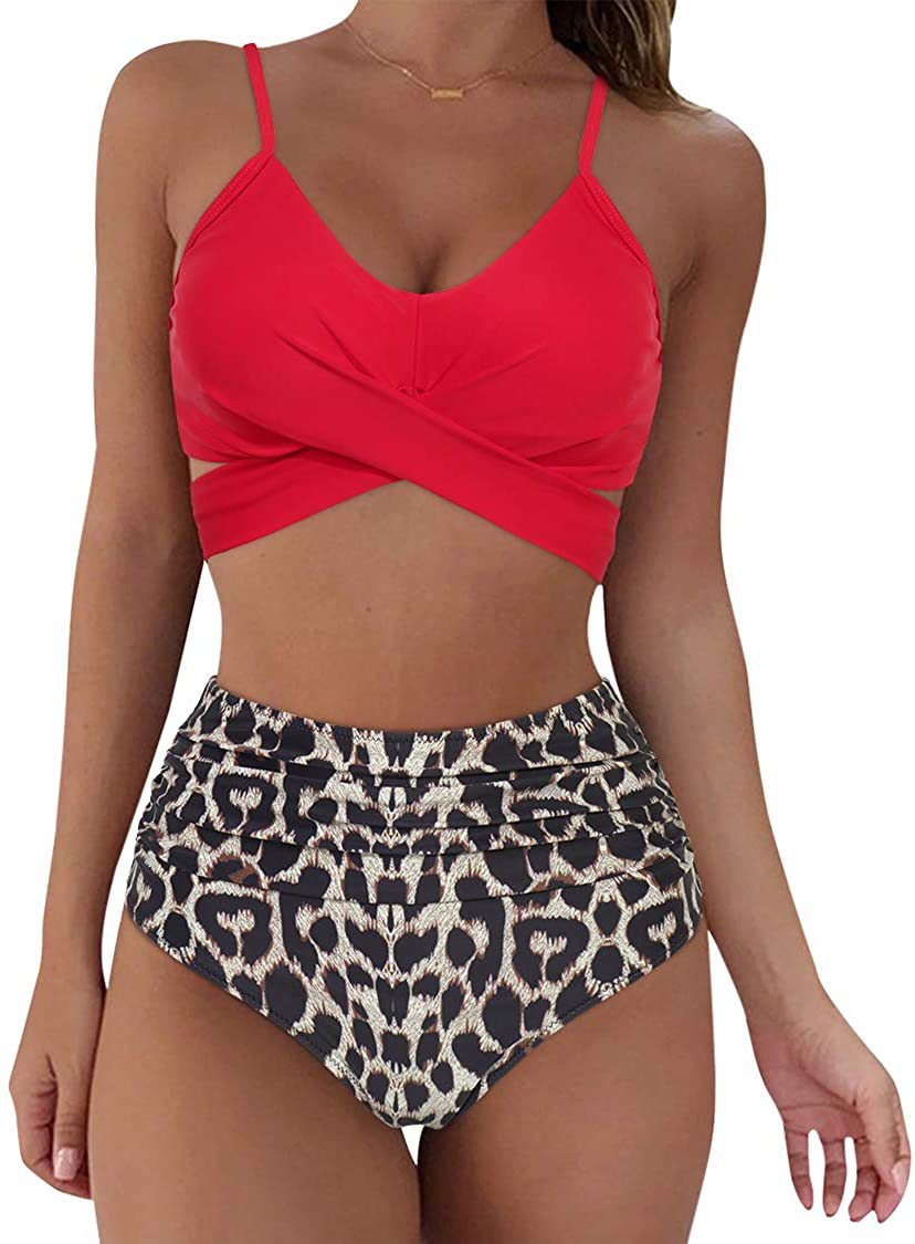 SUUKSESS Women Wrap Bikini Set Push Up High Waisted 2 Piece Swimsuits Apparel & Accessories > Clothing > Swimwear SUUKSESS 87 Red Leopard 12-14 