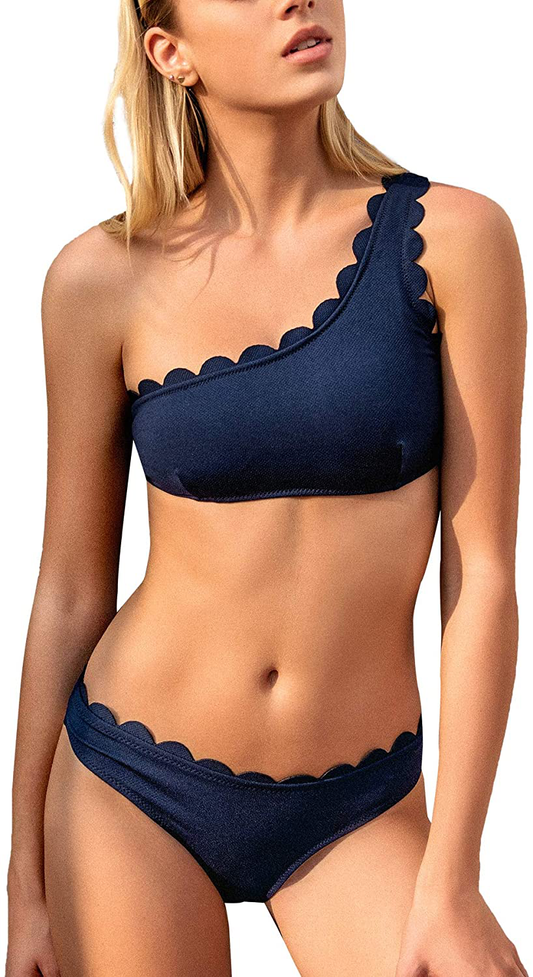 CUPSHE Women's Solid Wavy Edge One-Shoulder Bikini Set Rain of Petals Apparel & Accessories > Clothing > Swimwear CUPSHE Navy Blue Small 