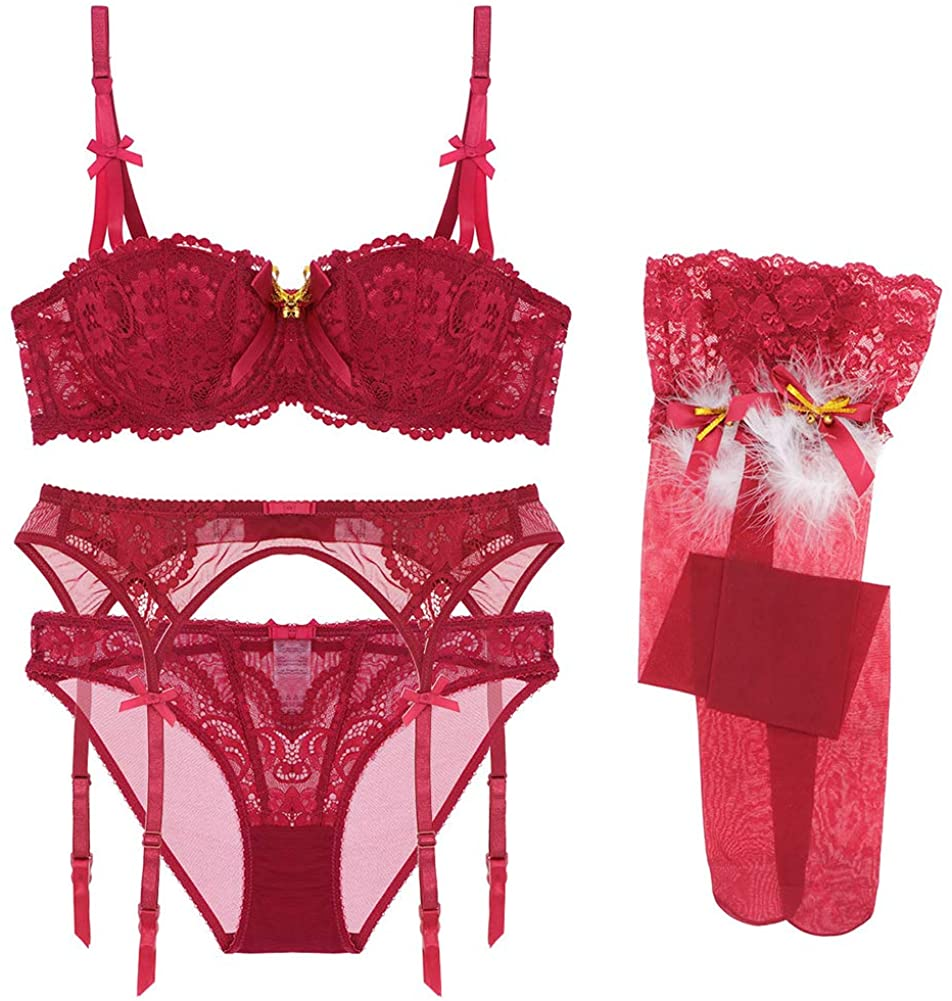 Women Push up Bras Set Lace Lingerie Bra Panties Garter Stocking 4Pcs/Lot Apparel & Accessories > Clothing > Underwear & Socks > Lingerie Varsbaby Red2 32A 