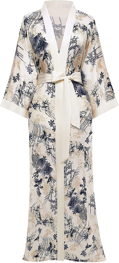 PRODESIGN Long Kimono Robe Satin Sleepwear Gradient Watercolor Silky Kimono Nightgown Bathrobe Kimono Blouse Cardigan Apparel & Accessories > Clothing > Sleepwear & Loungewear > Robes KYLIE MAX Creamy White  