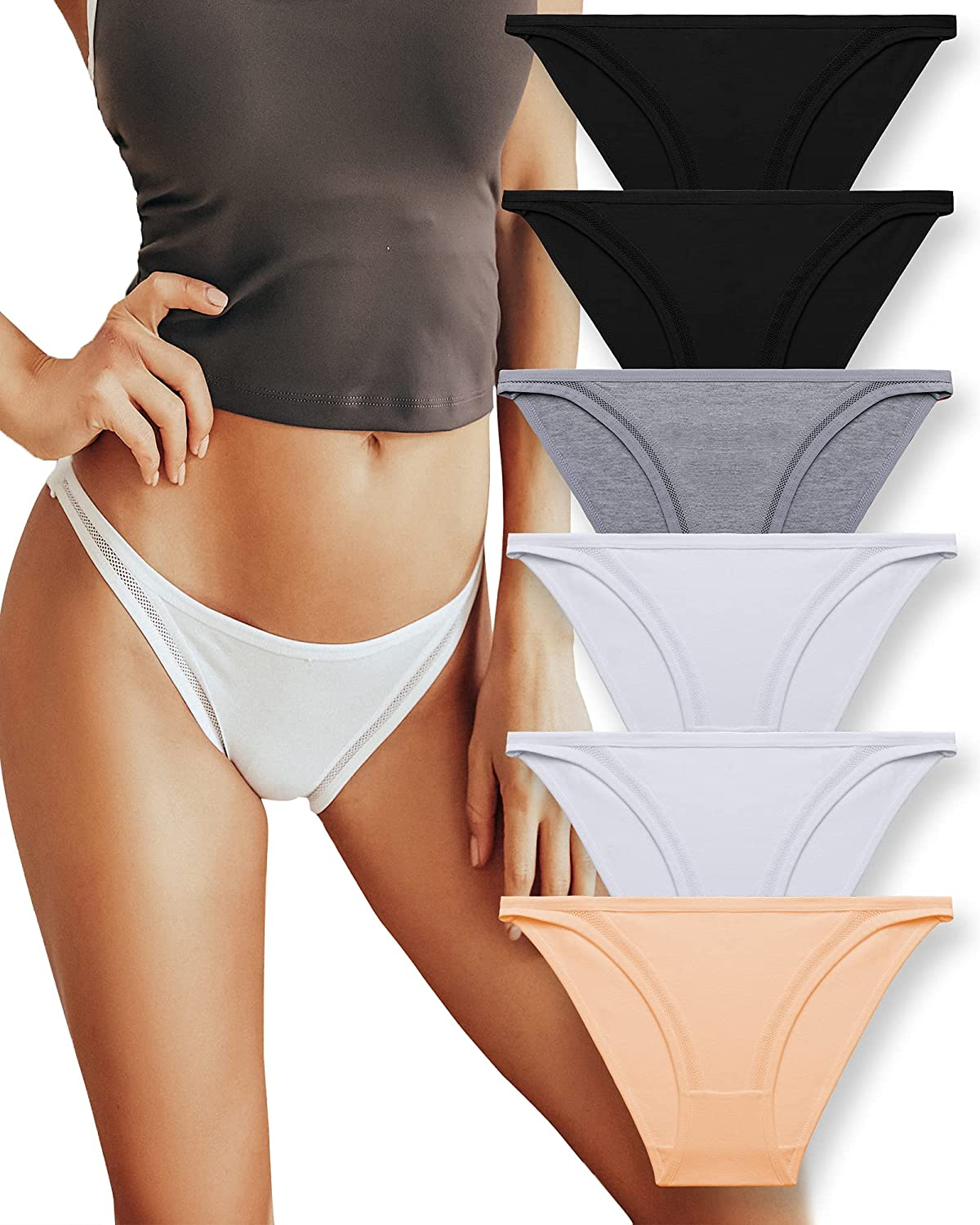 FINETOO 6 Pack Cotton Underwear for Women, Breathable Soft Stretch Hipster High Cut Cheeky String Bikini Panties  KYLIE MAX 6 Pack B X-Small-Small 