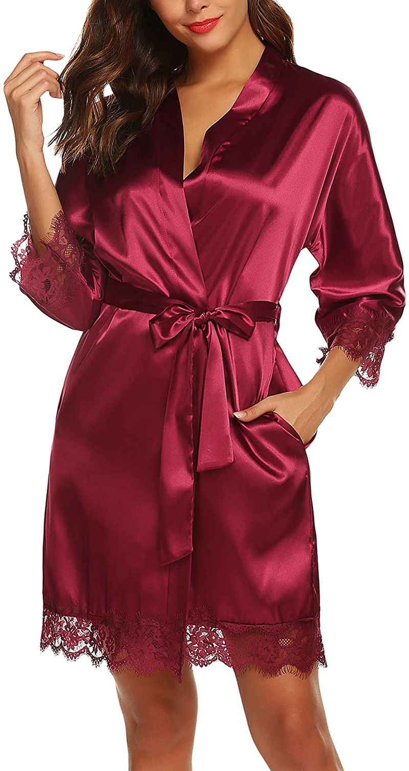 URRU Women'S Satin Silk Bathrobe Oblique V-Neck Short Kimono Robe Bridesmaids Robe S-XXXL Apparel & Accessories > Clothing > Sleepwear & Loungewear > Robes KYLIE MAX   
