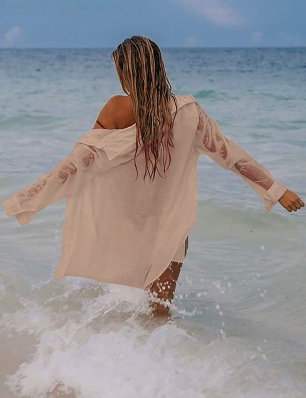Bsubseach Women Long Sleeve Beach Shirt Blouses Turn down Collar Bathing Suit Cover Ups Apparel & Accessories > Clothing > Swimwear Kylie Max   