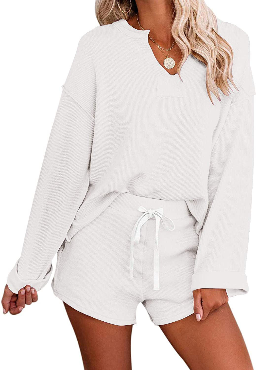 MEROKEETY Women's Long Sleeve Pajama Set Henley Knit Tops and Shorts Sleepwear Loungewear Apparel & Accessories > Clothing > Sleepwear & Loungewear > Pajamas MEROKEETY White Medium 