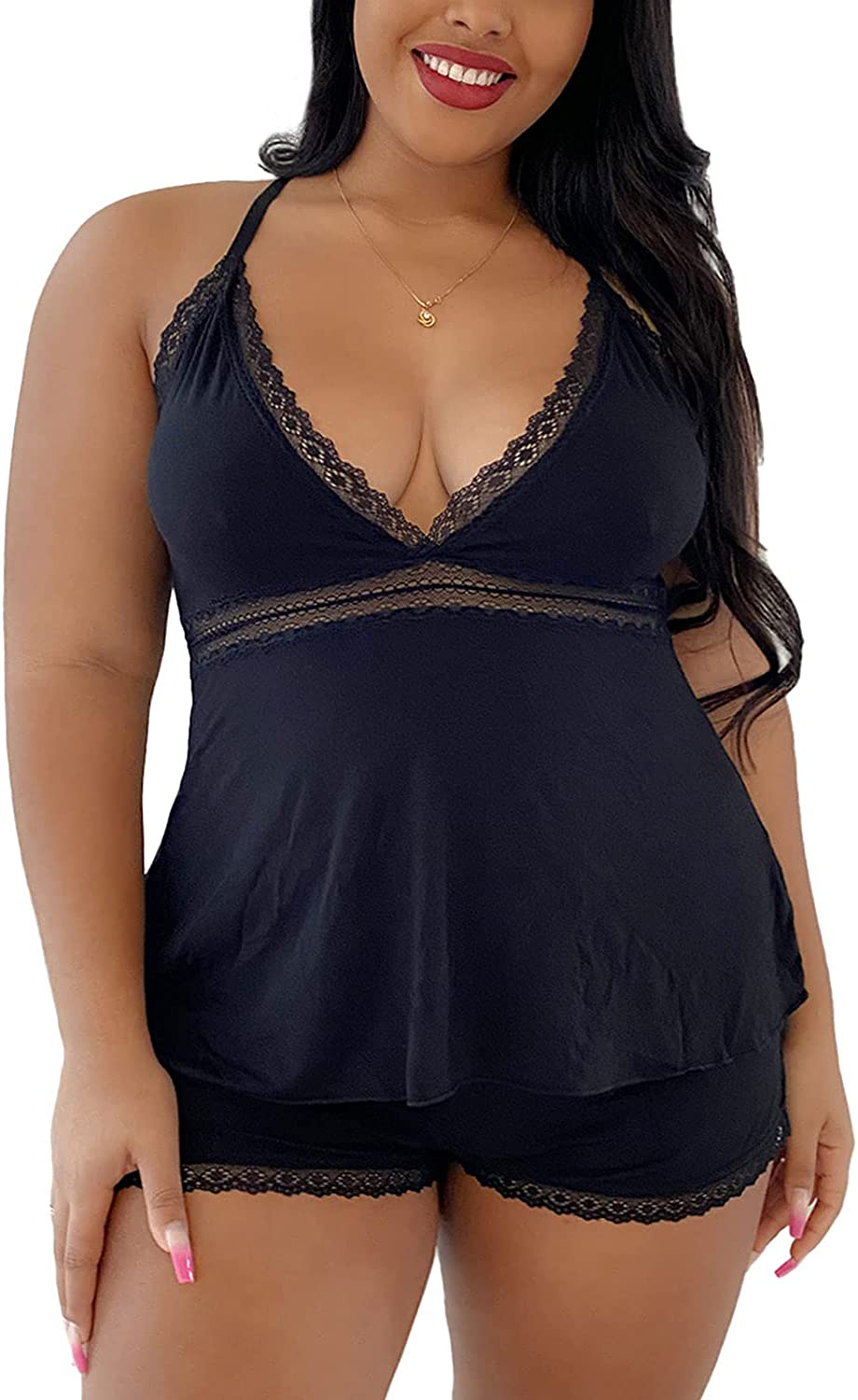 Curvierbuti Women plus Size Pajamas Cami Shorts Set Nightwear Sleep Set Lace Lingerie Sleepwear Apparel & Accessories > Clothing > Sleepwear & Loungewear Kylie Max   