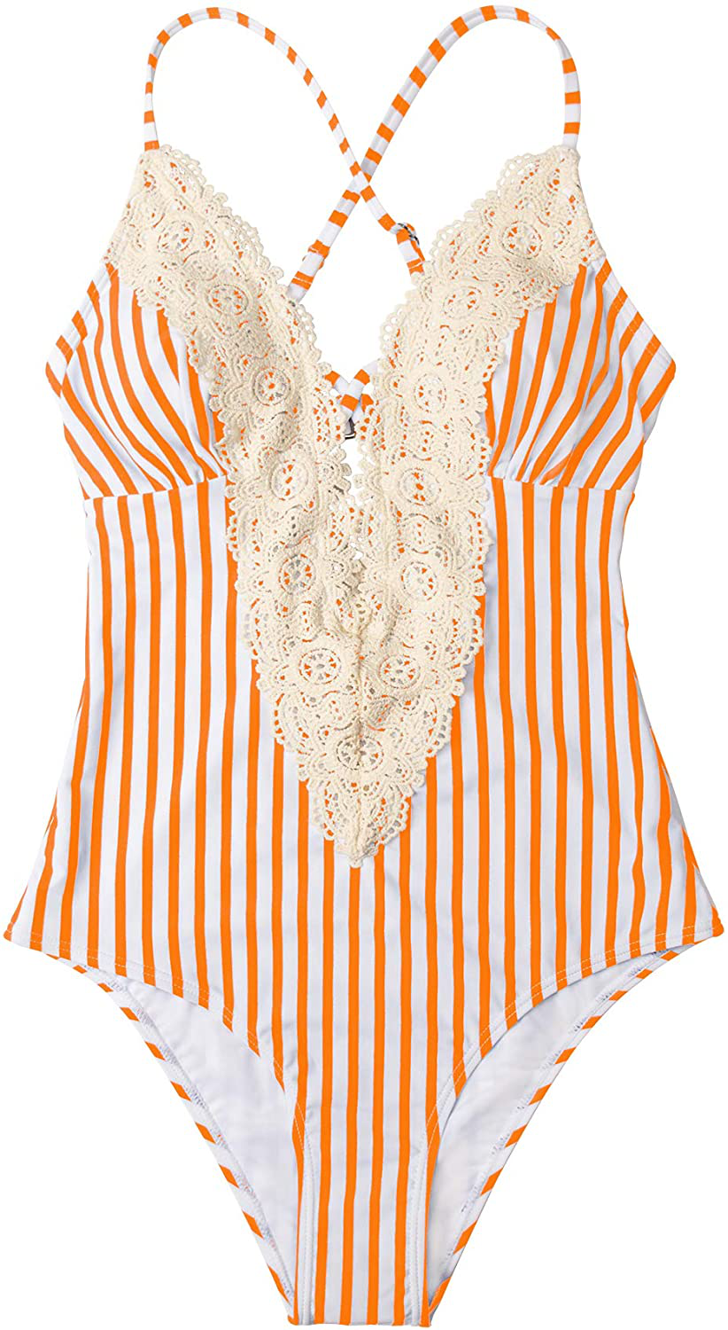 CUPSHE Fashion Women's Ladies Vintage Lace Bikini Sets Beach Swimwear Bathing Suit Apparel & Accessories > Clothing > Swimwear CUPSHE Orange Striped Large 