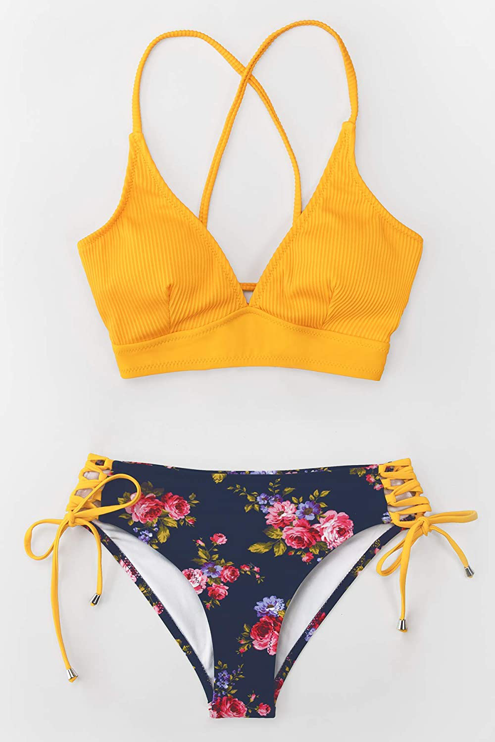 CUPSHE Women's Bikini Swimsuit Floral Print Lace Up V Neck Two Piece Bathing Suit Apparel & Accessories > Clothing > Swimwear CUPSHE   