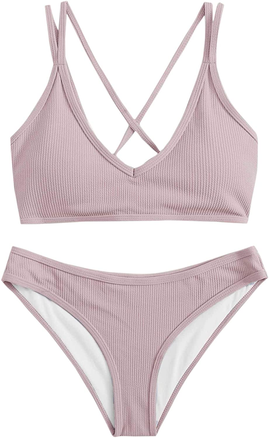 SweatyRocks Women's Bathing Suits Spaghetti Strap Criss Cross Back Bikini Ribbed Swimsuit Apparel & Accessories > Clothing > Swimwear SweatyRocks Light Purple Medium 