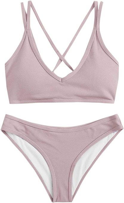 SweatyRocks Women's Bathing Suits Spaghetti Strap Criss Cross Back Bikini Ribbed Swimsuit Apparel & Accessories > Clothing > Swimwear SweatyRocks Light Purple Medium 