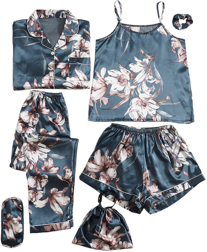 SheIn Women's 7pcs Pajama Set Cami Pjs with Shirt and Eye Mask Apparel & Accessories > Clothing > Sleepwear & Loungewear > Pajamas SheIn Dusty Blue Medium 